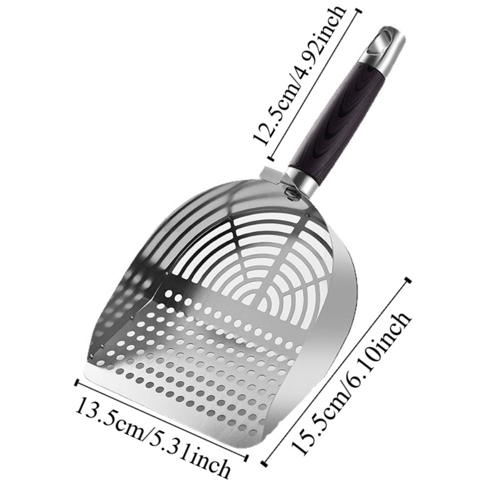 Heavy Duty Stainless Steel Cat Litter Scoop Deep Shovel Long Handle Cat Poop Sifting Tool Wood Handle Sturdy Mesh Pet Waste Shovel Cat Supplies
