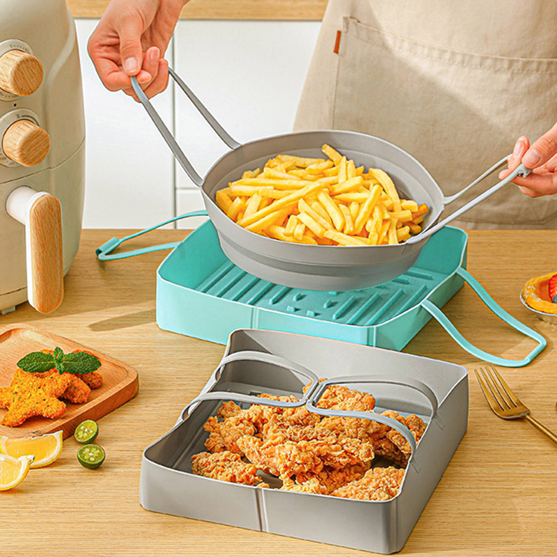 Silicone Air Fryer Liner Pot Round Square Silicone Basket Bowl With Handle Reusable Heat Resistant Baking Tool Pads Kitchen CF8