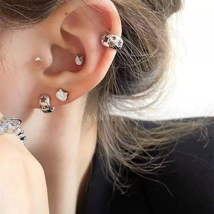 【Top Picks】Hollow Star Ear Buckle Cat Ear Stud Female High-end Sense Niche All-match Small Cute Ear Stud Earrings Earrings for Men