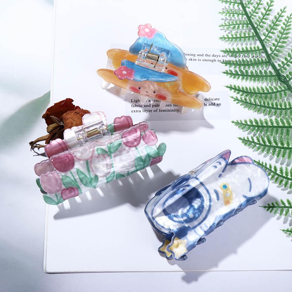 Elegant Cute Geometric Shape Astronaut Large Grab Clip Pink Tulip Rose Flower Hair Clip Female Hair Accessories Headwear Plastic Hair Claw