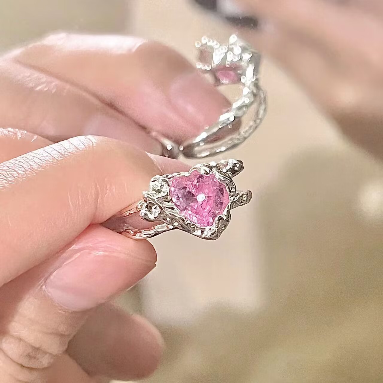 【New Arrivals】Pink Love Ring Women's 2023 New High Color Value Ins Trendy Sweet Cool Spice Girl Niche Open Ring