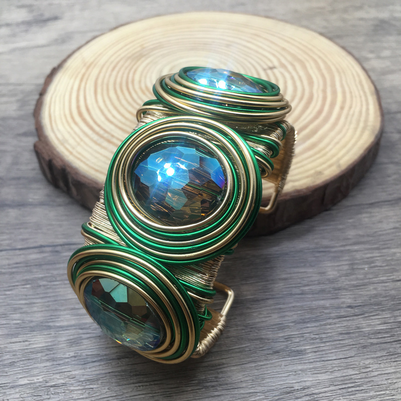 Exaggerated Handmade Color Woven Wide Bracelet Crystal Pearl Shell Natural Stone Open Bracelet for