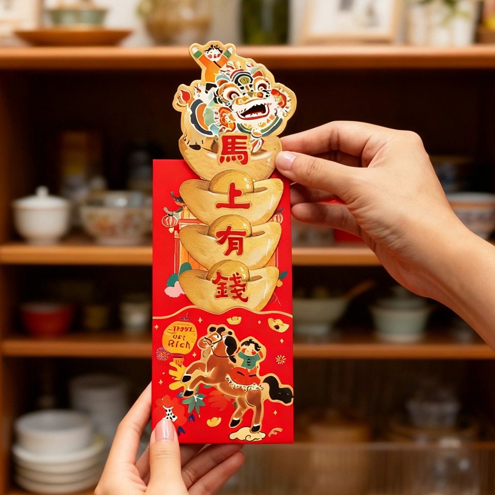 3pcs Funny Cartoon Pattern Pull-out Red Envelope Hot Stamping Solid Chinese New Year Money Bag Blessings Printing Spring Festival Red Packet Wedding