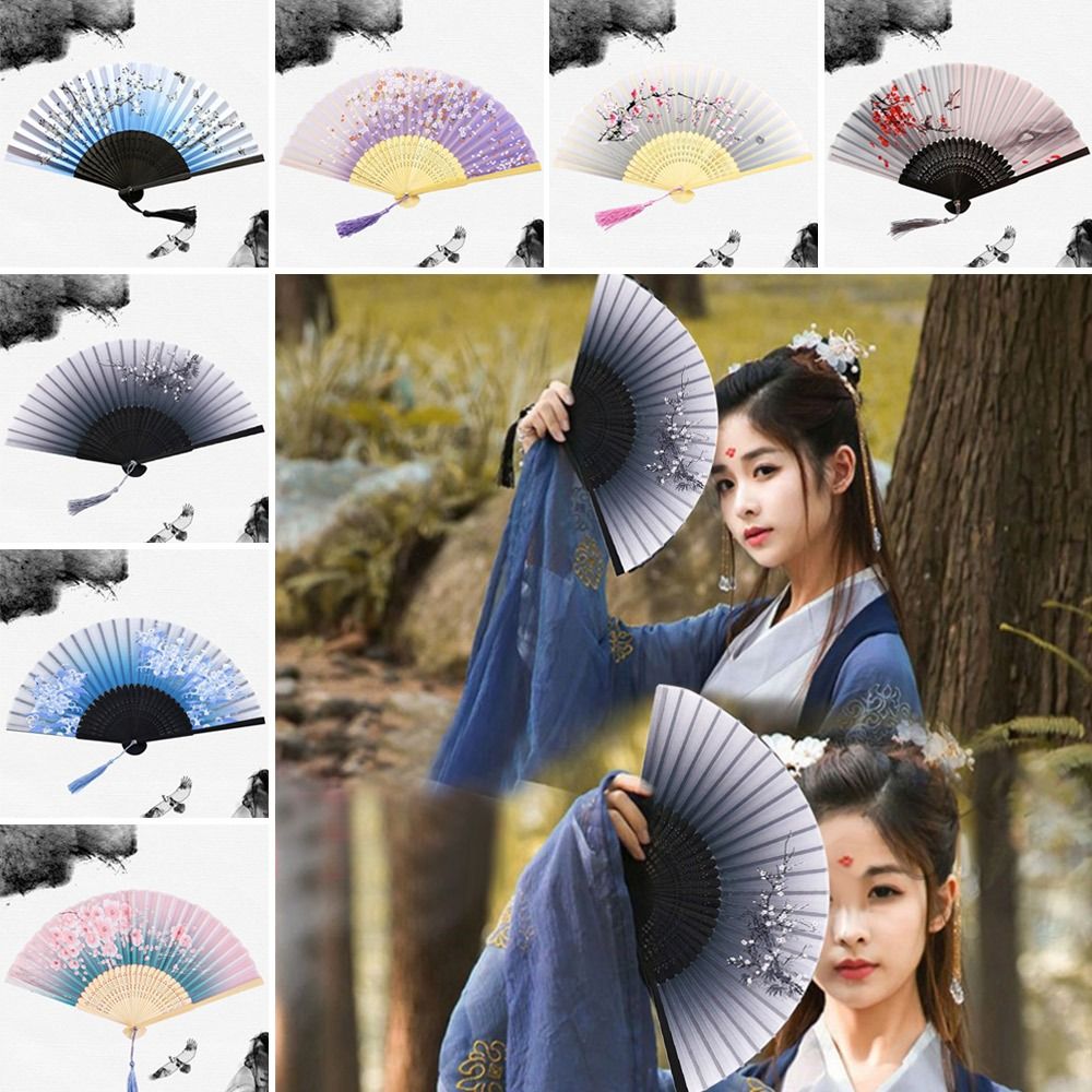 2024 Silk Vintage Folding Fan Bamboo Colorful Hand Fan Hand Fan Tassel Elegent Shank Classical Dance Fan Female