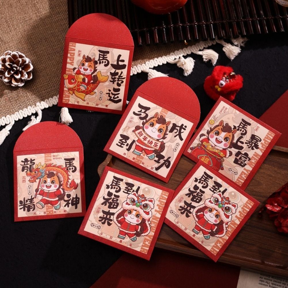 Faux-Fur Red Envelopes for 2026 - 6pcs Flat Cartoon Horse Year Lucky Money Pouches Innovative Chinese New Year Soft & Cute Gift