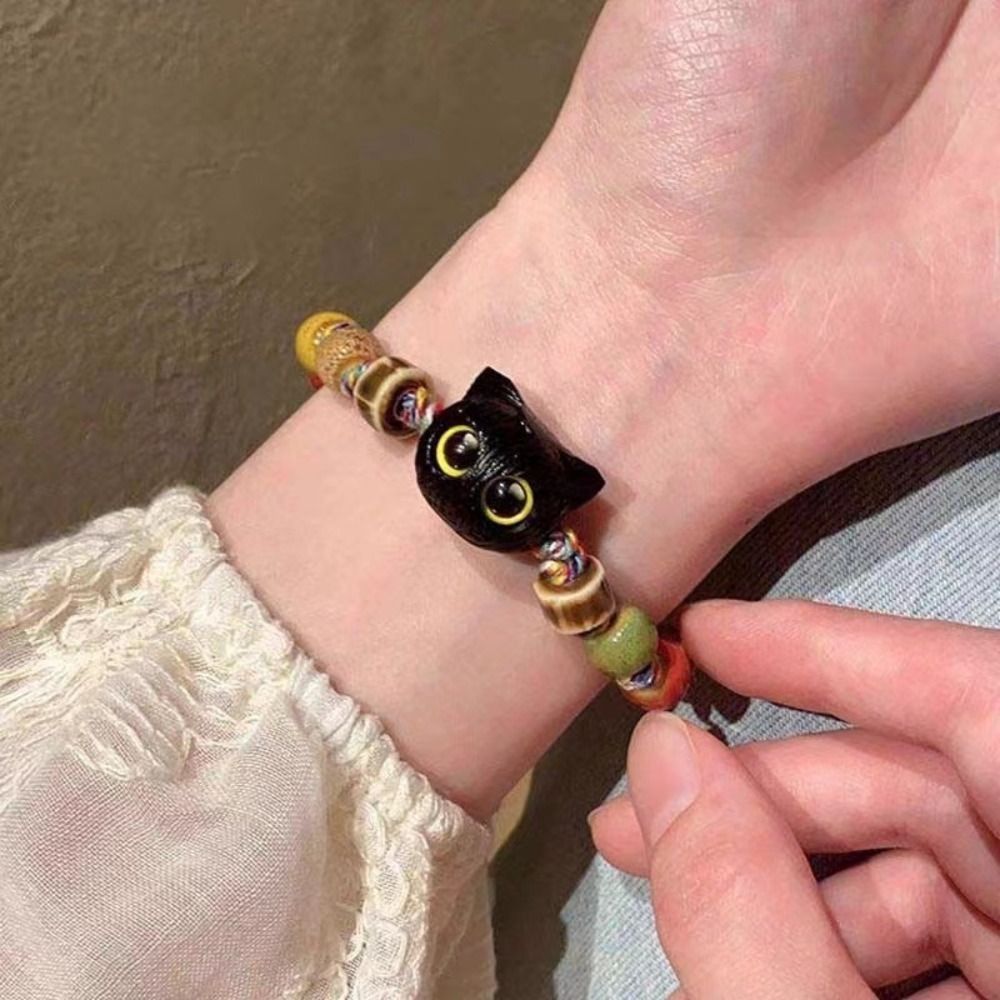 Personality Ceramics Bead Black Cat Bracelet Cat New Chinese Style Handmade Bead Bracelet Wood Glass Cartoon Hand Ring Decoration