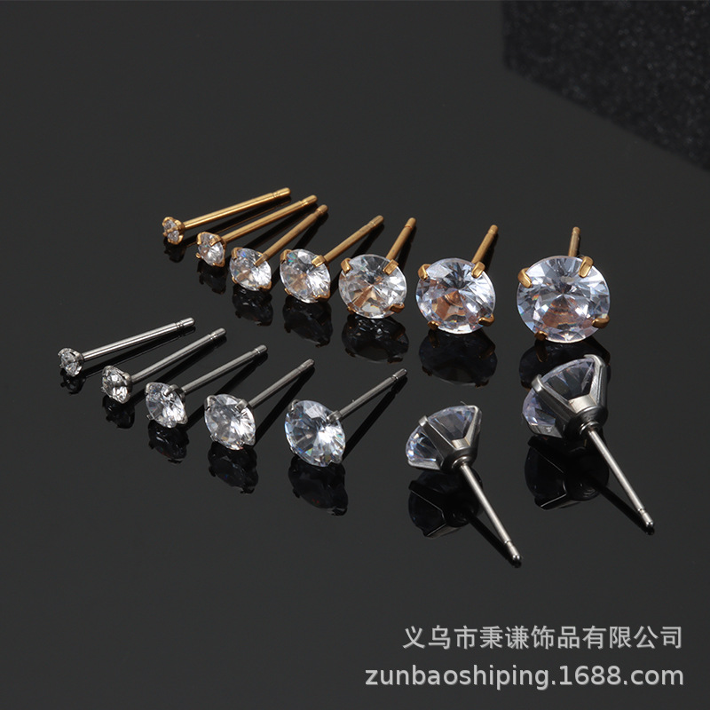 【New arrival】One-piece earring titanium steel inlaid white zircon earrings female male earpin stainless steel four claw round zircon simple color retention