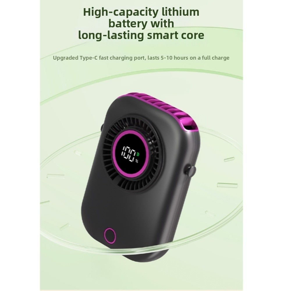 Portable 5 Speeds Mini Hanging Neck Fan Ultra Quiet Digital Power Display Portable Cooling Fan Fanless Design with Stand Handheld Electric Fan for Sports