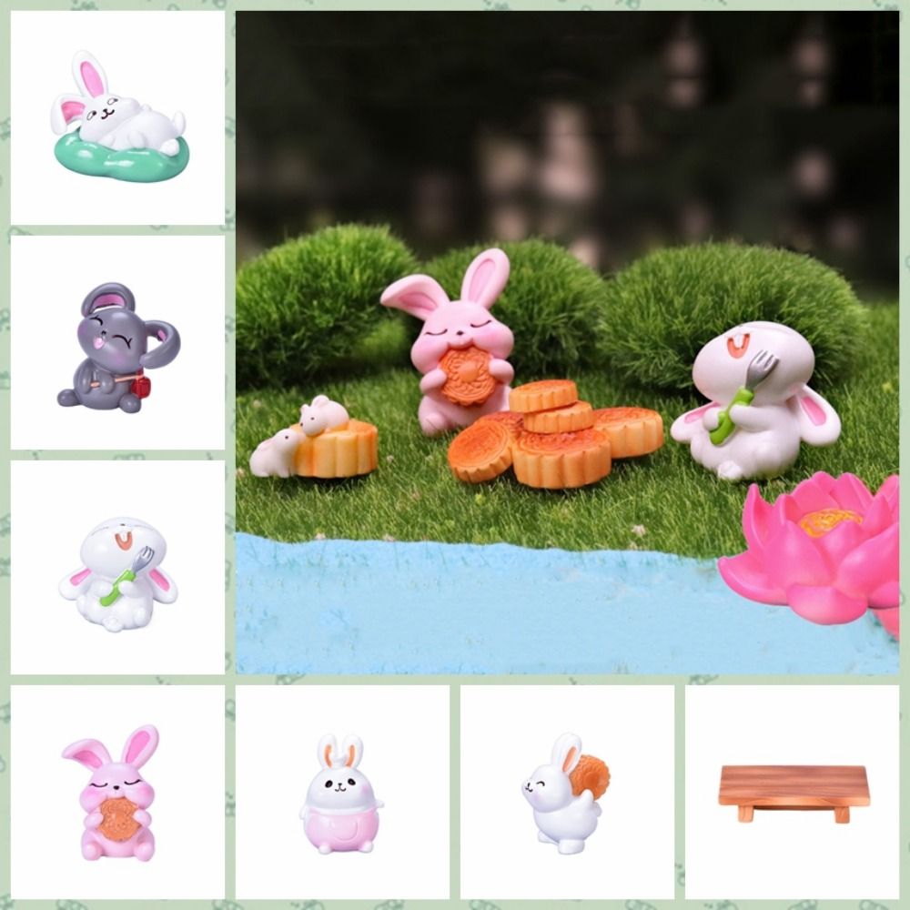 Decorative Mini Rabbit Mooncake Figurines Cute Cartoon Mid-autumn Rabbit Figurines Resin Rabbit Micro Landscape Micro Landscape