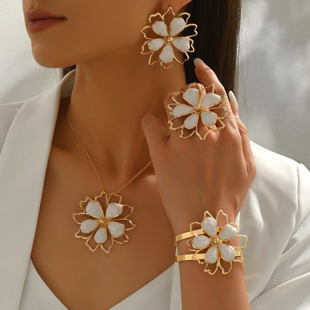 5 pcs/set Vintage Look Alloy Flower Jewelry Set Drip Oil Finish Earrings Necklace Bracelet Ring Lightweight Adjustable Statement Costume Jewelry Women