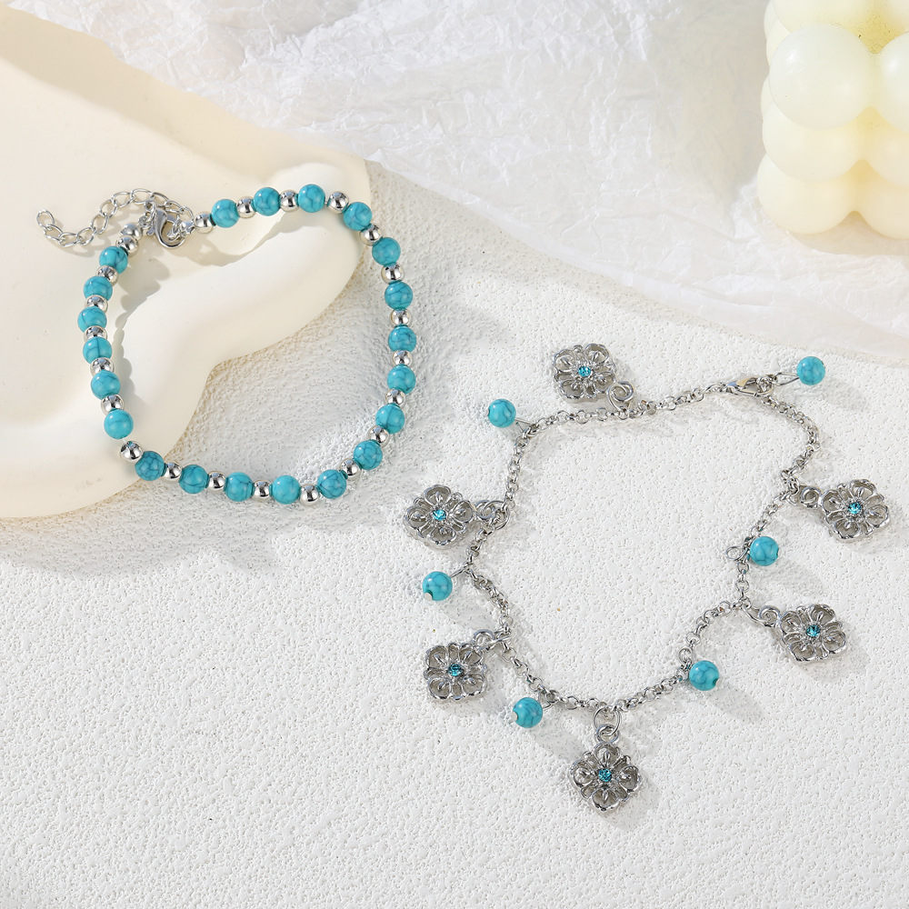 【Top Picks】New Retro Bohemian Turquoise Beaded Carved Hollow 2 Pieces suit Foot Chain Foot