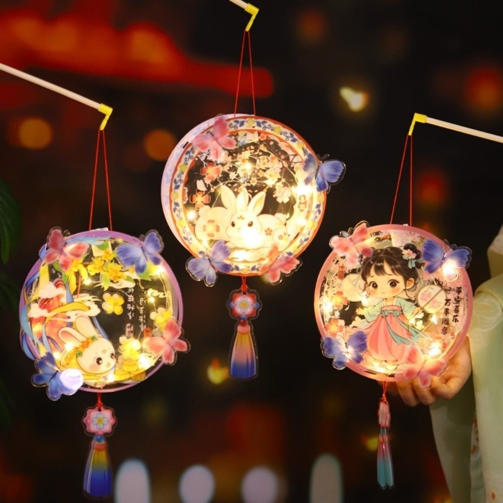 Portable DIY Handmade Mid-Autumn Festival Lantern PVC LED Glowing Antique Flower Lantern Cartoon Rabbit Gift for Children