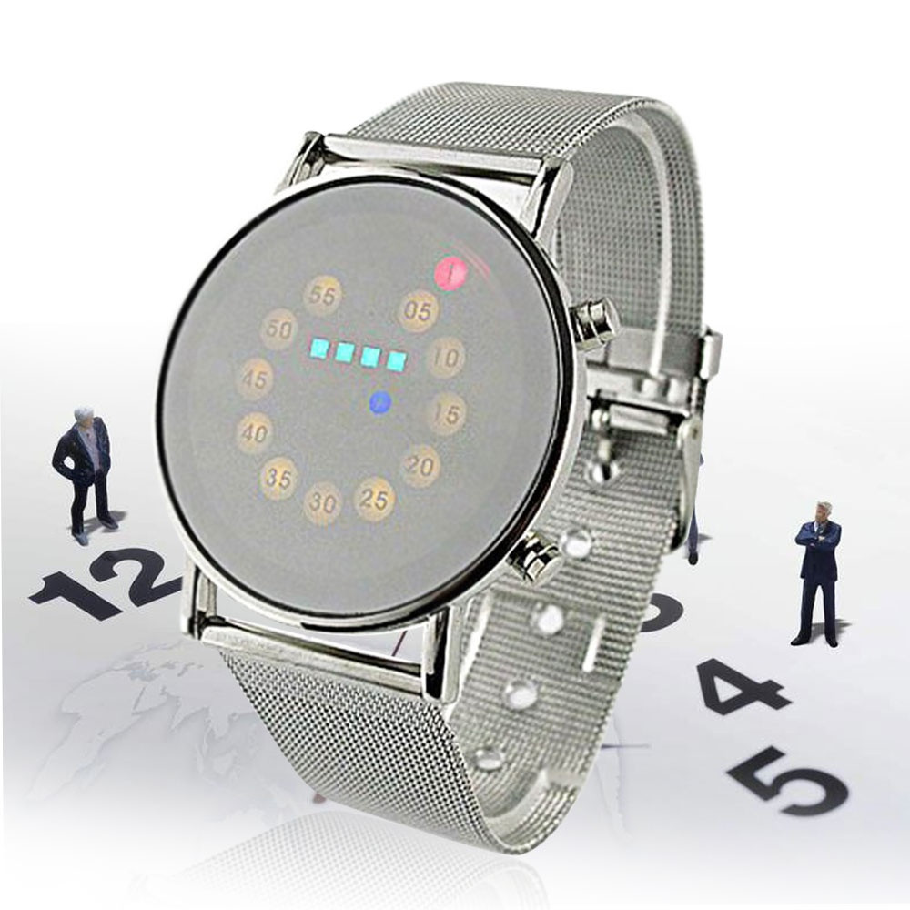 【New design】Fashion Casual Men Watch Red+Yellow+Green+Blue LED Light Stainless Steel Mens Clock Display Date Week Wrist Watches reloj hombre