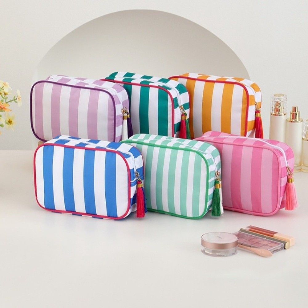 Multifuctional Large Striped Portable Cosmetic Bag Large Capacity Waterproof Travel Toiletry Bag Tassel Zipper Cute Design Makeup Bag Women