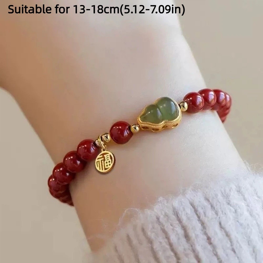 Luxury Chinese Style Hetan Jasper Bracelet Square Sugar Lotus Peanut Beaded Bracelet Elegant Retro Exquisite Elastic Wristband Anniversary