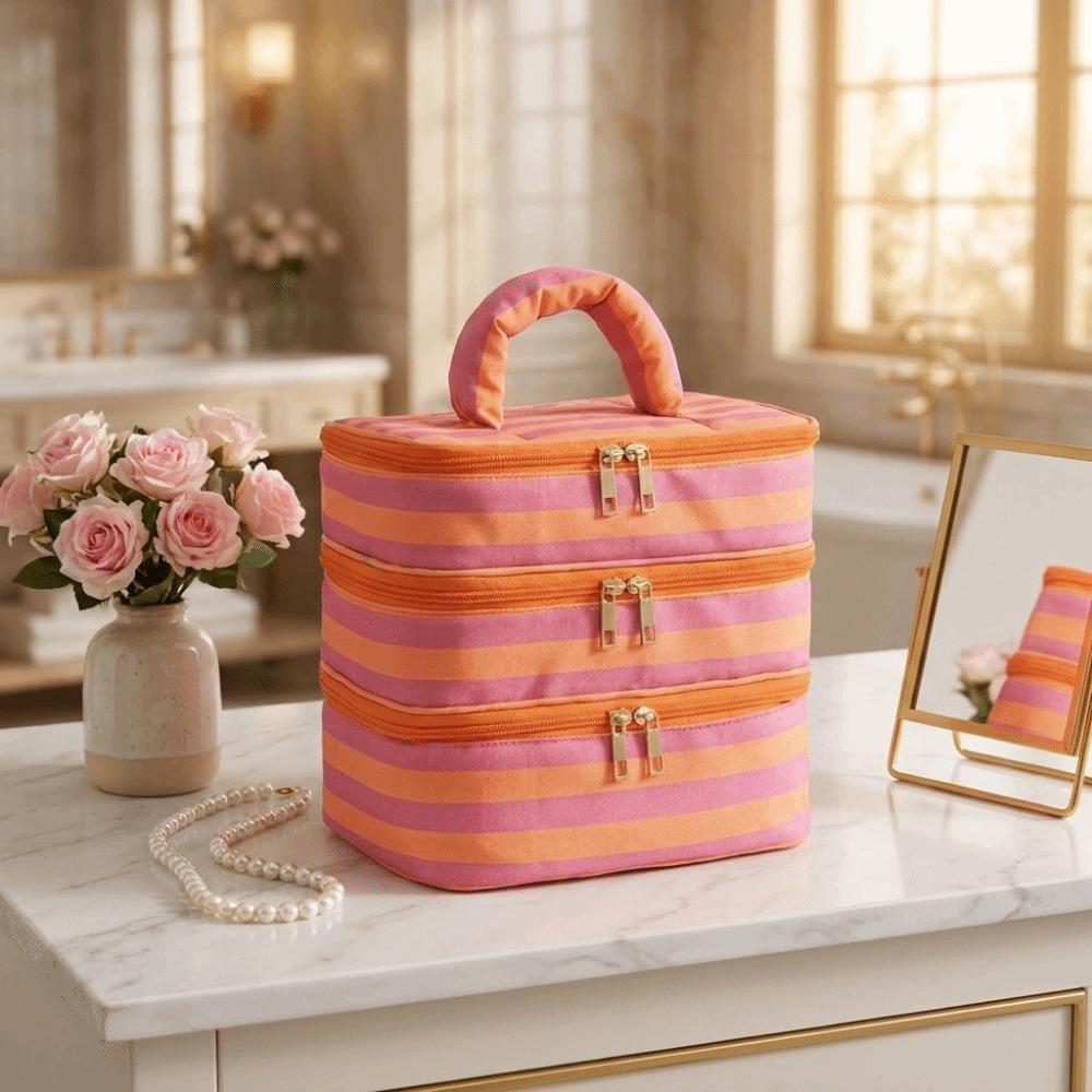 Practical Cloth Multi-Layer Cosmetic Bag Macaron Color Waterproof Zipper Striped Toiletry Bag Large Capacity Portable Travel Storage Bag For Women