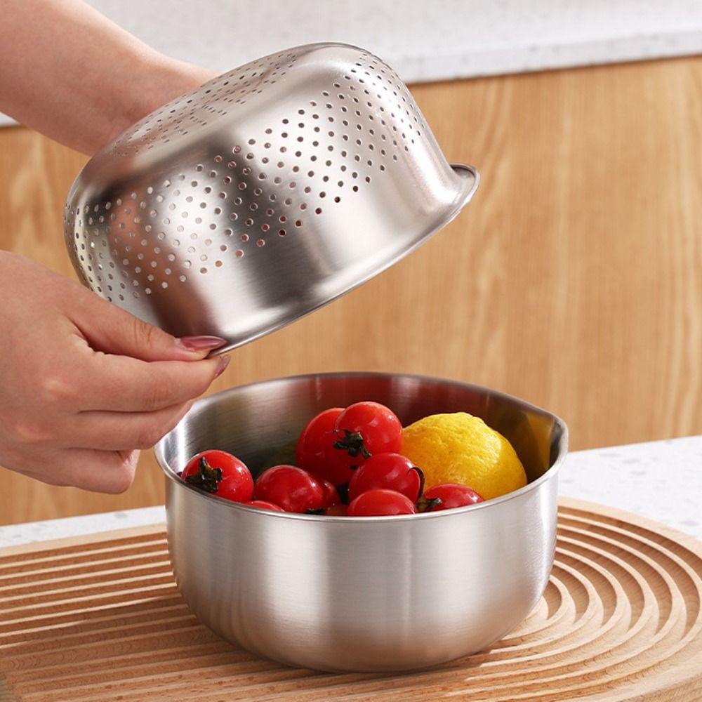 Practical 304 Stainless Steel Vegetable Washing Drain Basket Double Layer with Markings Rice Washing Basket Detachable Side Flow Outlet Mixing Bowl Baking