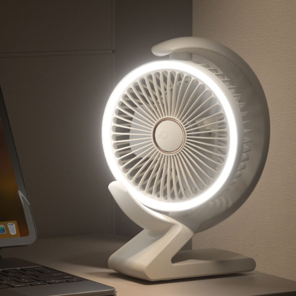 Cozy Atmosphere Crescent Shape Mini Desk Fan LED Light Compact Lightweight Table Cooling Fan Powered Ultra Quiet Desktop Fan Bedroom Use