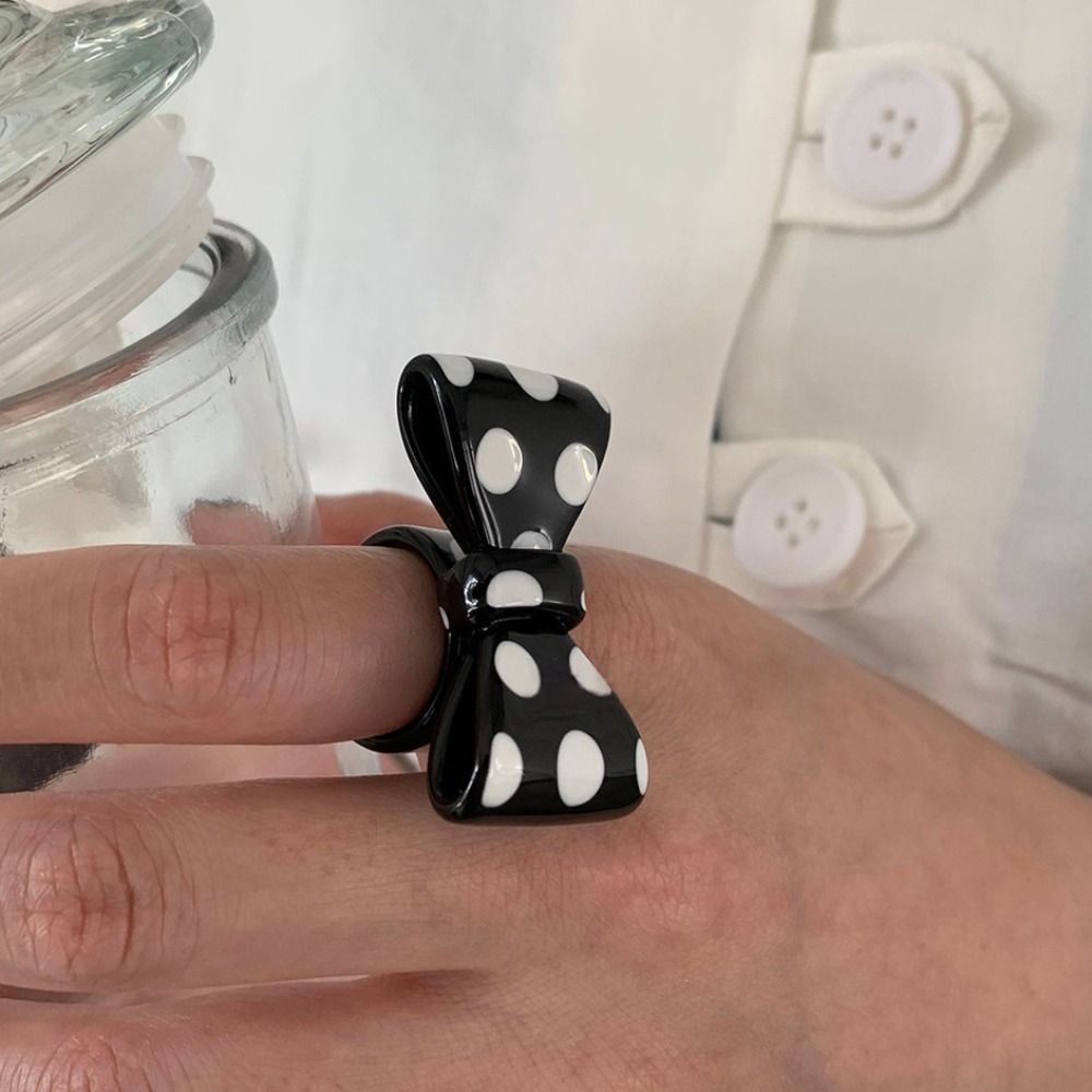 Unique French Polka Dot Bow Ring Cute Stripe Bowknot Ring Acrylic Adjustable Opening Ring Gift