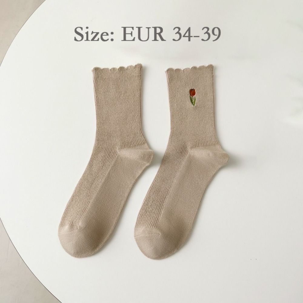 5pairs Casual Tulip Floral Embroidery Women Flower Socks Solid Color Crew Length Mid Tube Socks Retro Vintage Crew Socks Autumn Winter