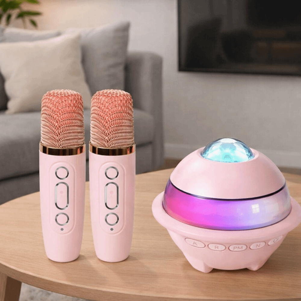 Music Player Karaoke Machine Mini Bluetooth Speaker Stereo Surround with Projector Night Light Wireless Dual Microphones K Song Subwoofer Karaoke Speaker Bedroom