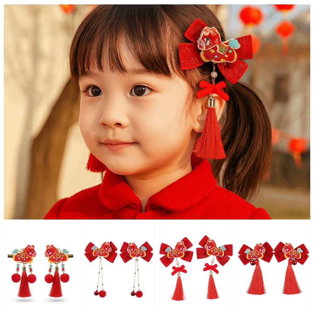 Hanfu Cartoon Traditional Chinese Hair Clip Horse Bow Tassel Hairpin Hair Ball Red New Year Hair Accessory Festive Occasions