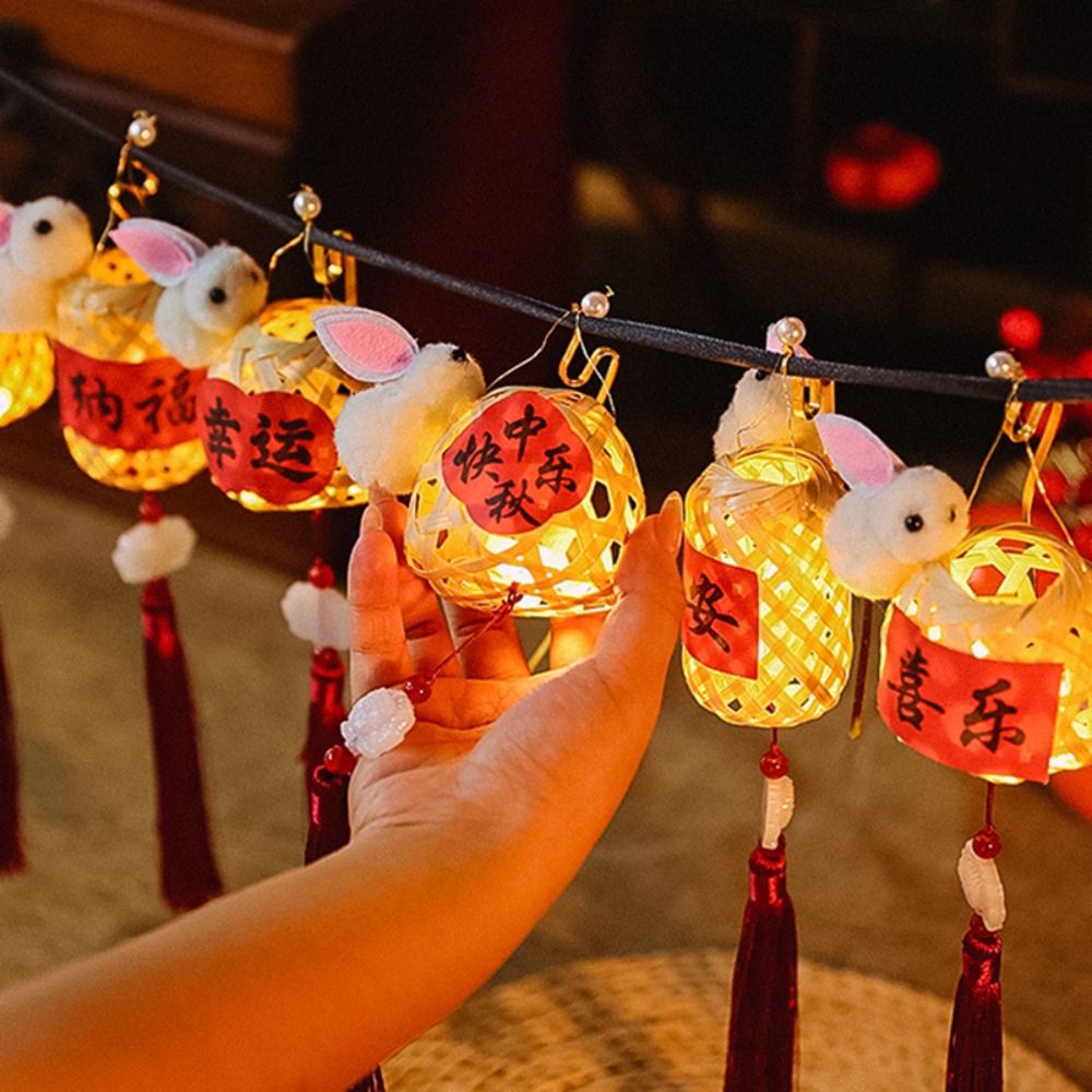 Portable PVC Mid-Autumn Festival Lantern Cartoon Glowing Rabbit Lanterns Flower Light Luminous Lantern DIY Material Package Kids