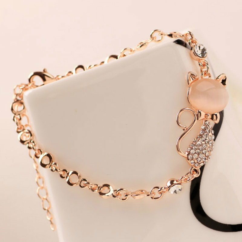 【Exclusive Discount】2020 Trend Rose Alloy Cute Cat Bracelet Lady Child Girl Gift Jewelry Charm Rhinestone Bracelet
