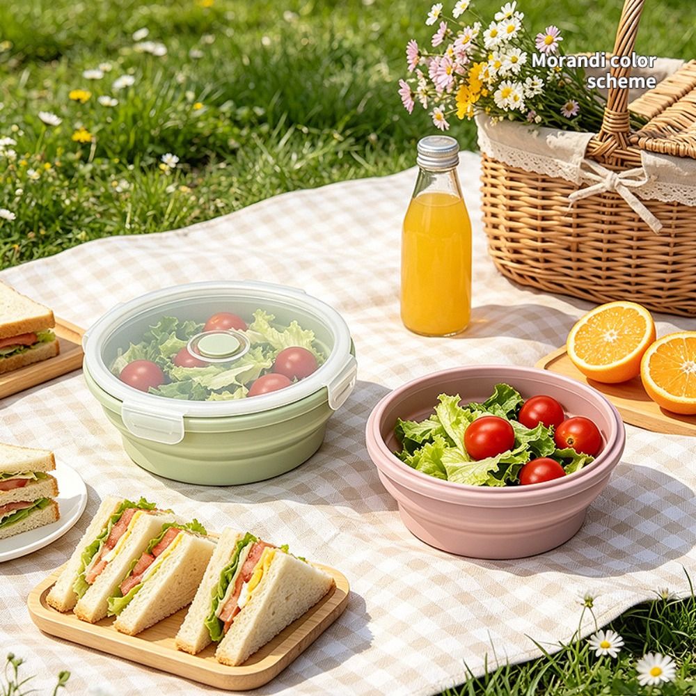 Compact Solid Colors Foldable Silicone Lunch Box Multiple Sizes with Lids Portable Food Container Stackable Round Silicone Collapsible Bowl Outdoor