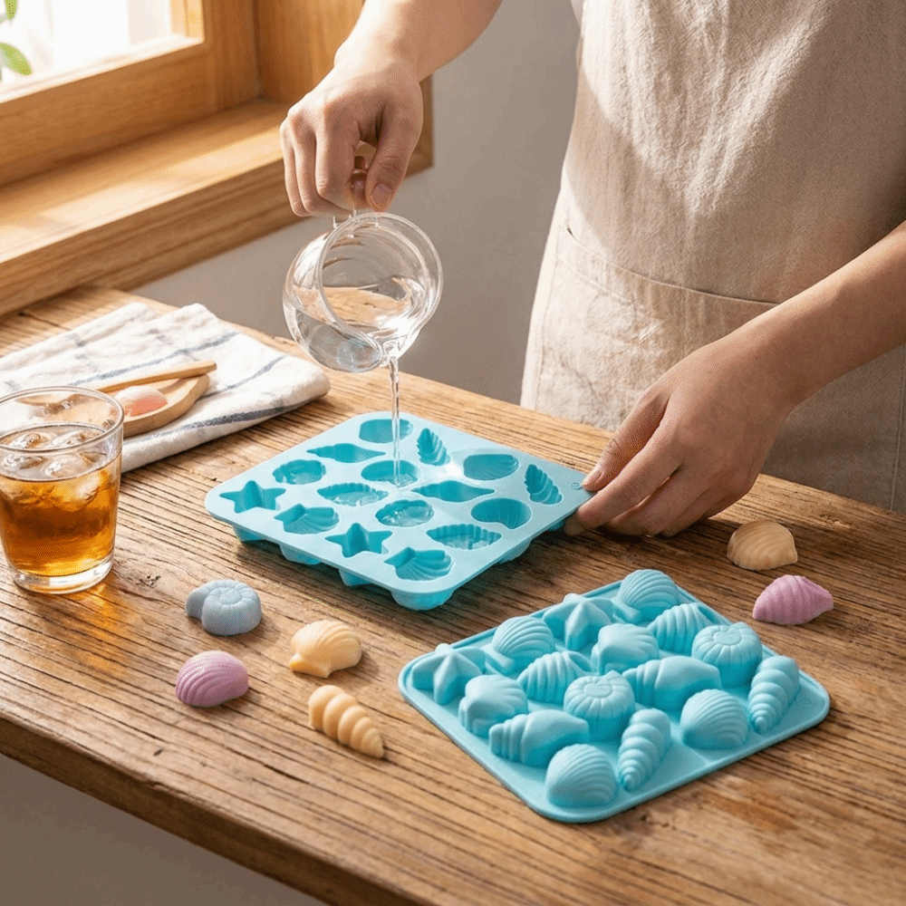 Ocean Themed 16 Cavity Silicone Chocolate Mold Conch Starfish Shape 3D Shell Mold Non-Stick Ice Cube Tray Candy Making