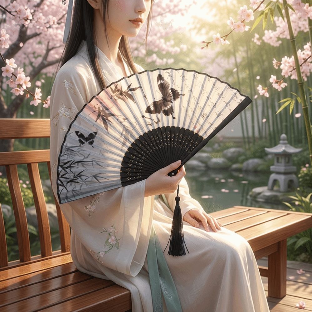 Art Crafts Chinese Style Bamboo Folding Fan Ink Wash Painting with Tassel Dance Fan Handheld Antique Portable Fan Dance Props