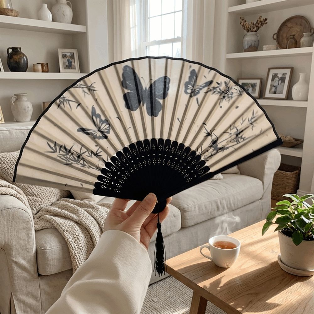 Portable Vintage Silk Folding Fan Wooden Handle Butterfly Print Hand Fold Fan Handmade with Tassel Decorative Fan Photography Props