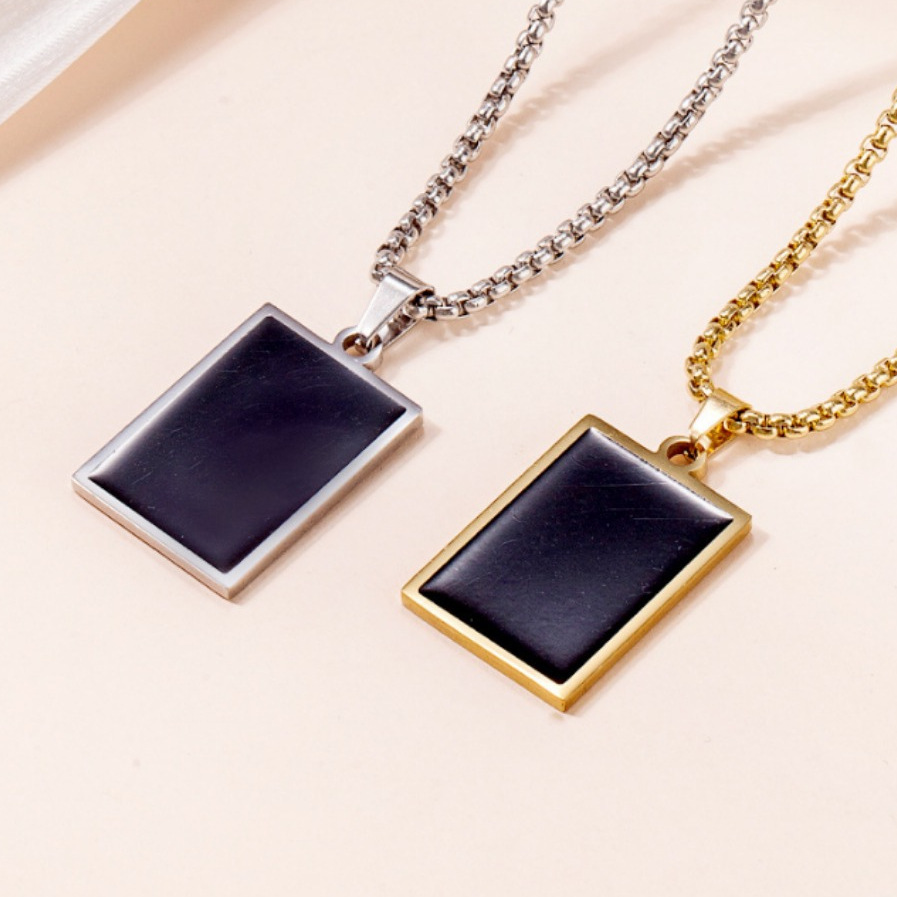 【Top Picks】Stainless Steel Black Oil Dropping Geometric Long Clothes Chain Men's Fashionable Titanium Steel Square Brand Necklace