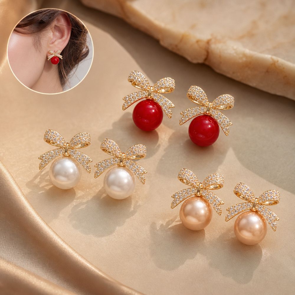 Elegant Sparkling Rhinestone Bow-knot Pearl Earrings French Style Exquisite Small Stud Earrings High-End Quality Light Luxury Earrings Birthday Gifts