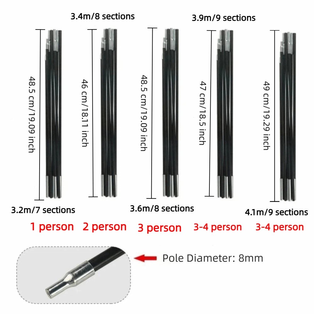 2Pcs Steady Joint Fiberglass Camping Tent Poles Adjustable Black Camping Repair Accessories Durable Portable Fiber Glass Pole Outdoor