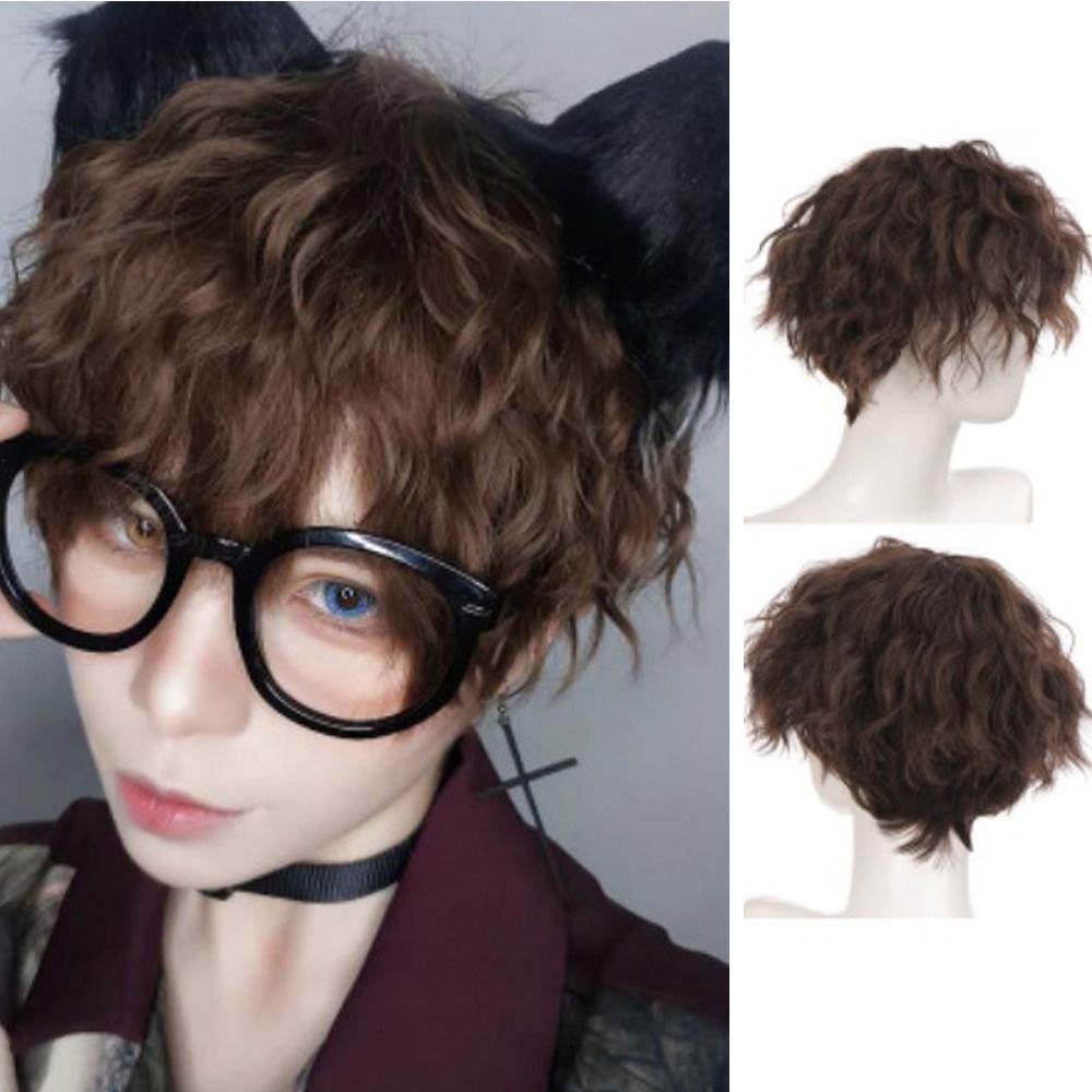 Brown High quality Invisible Heat Resistant Fiber Halloween Cosplay Fake Hair Boy Anime Nightclub Bar Wig Retro Cosplay Wig Male Wavy Wig Short Curly Hair Wig Synthetic Hair
