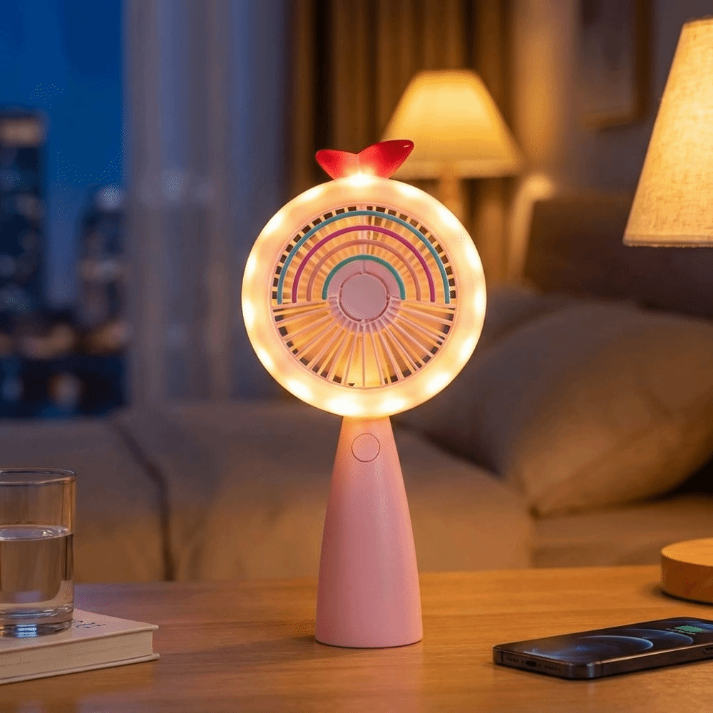 Cooling Tool Cute Rainbow Light Portable Handheld Mini Fan Compact Design Rechargeable Battery Rechargeable Fan Lightweight Build Stable Operation Rainbow Light Fan Travel Use