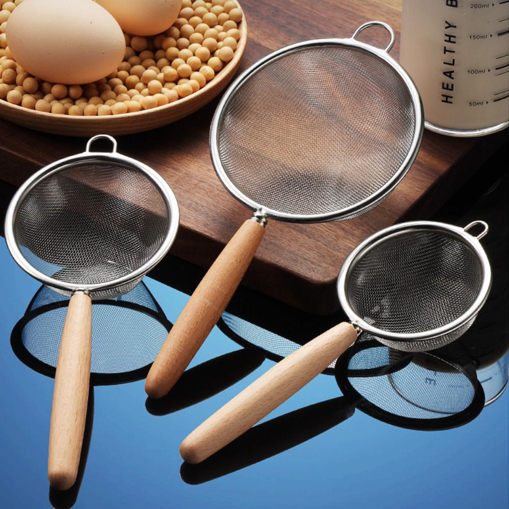 Durable Flour Sieve Stainless Steel Filtration Residue Wooden Handle Kitchen Baking Tool Sieve Spoon Filter Oil Strainer Flour Colander