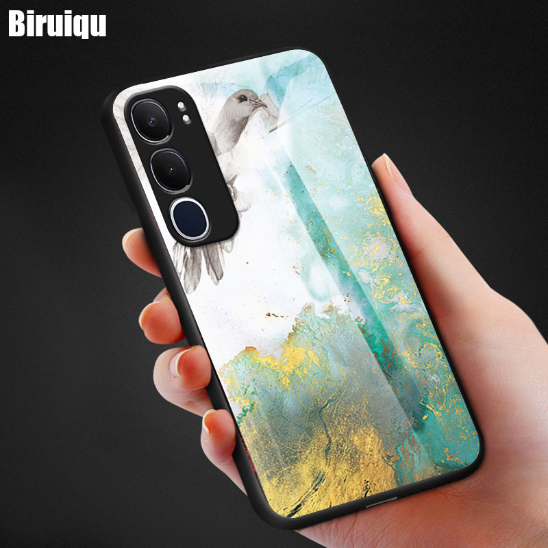 Biruiqu For VIVO Y19s /Y19s Pro /Y29 5GShockproof Fashion Marble Tempered Glass Back Case Cover