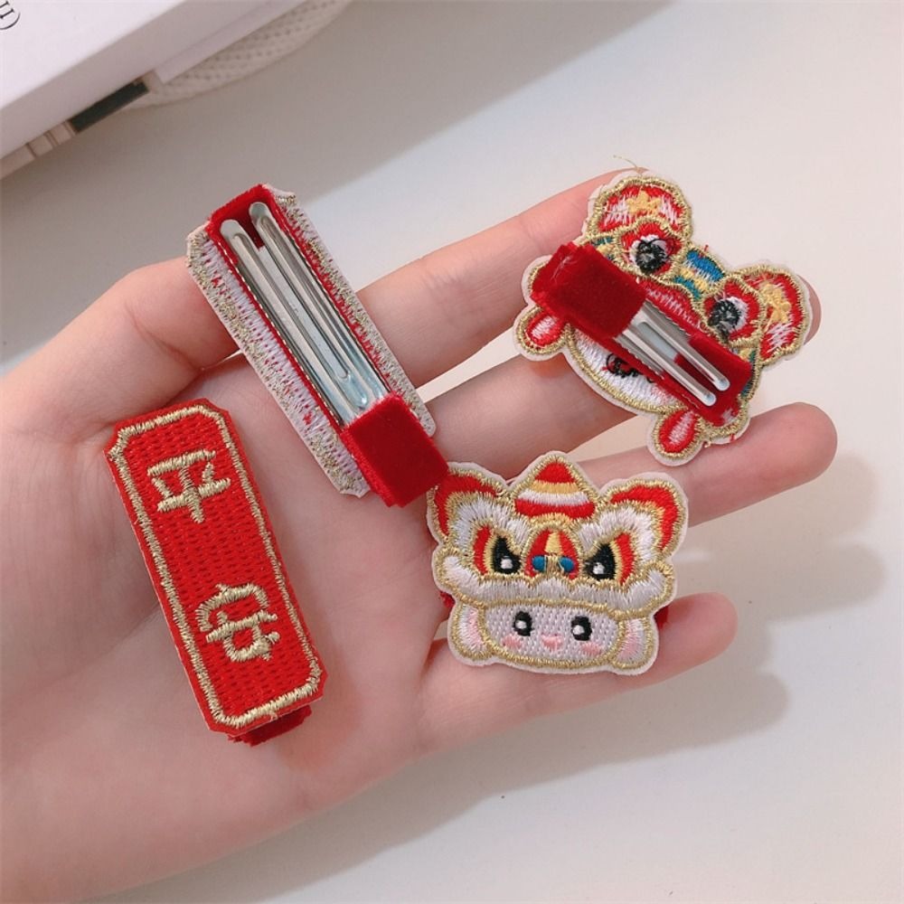 Sweet Embroidery Children Red Hairpin Mascot Dragon Lion Dance Hanfu Hair Sticks Cloth Baby Headwear Ancient Style Hairpin Baby