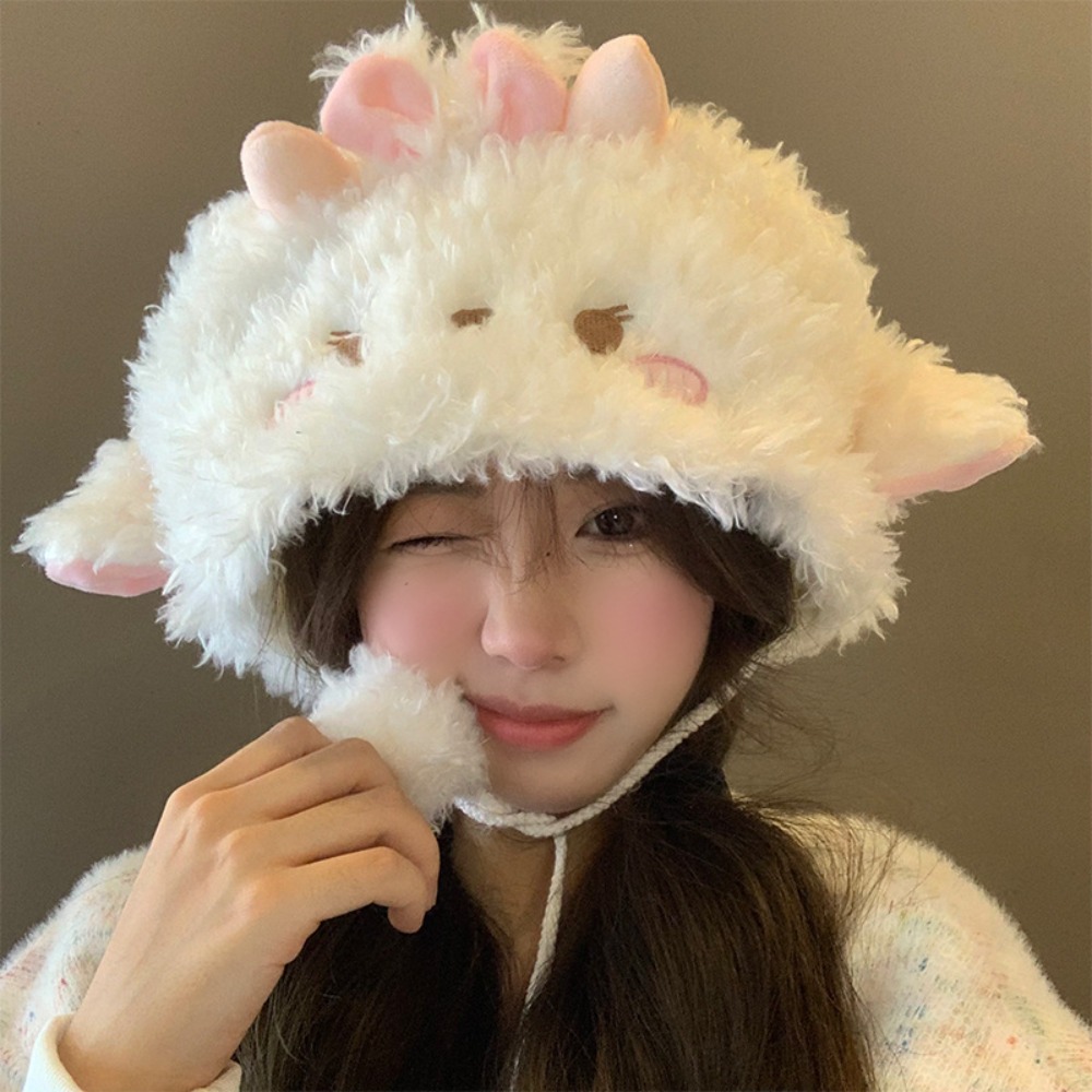 Soft Sheep Ear Bucket Hat Fluff Lolita Dome Hat Cute Keep Warm Brimless Beanie Cap Girls