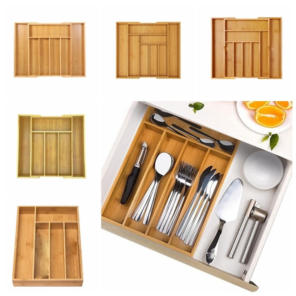 Silverware Tray Bamboo Utensil Drawer Organizer Natural Adjustable Cabinet Drawers Dividers Wooden 5/6/7/8/9 Slots Grooved Cutlery Tray Kitchen