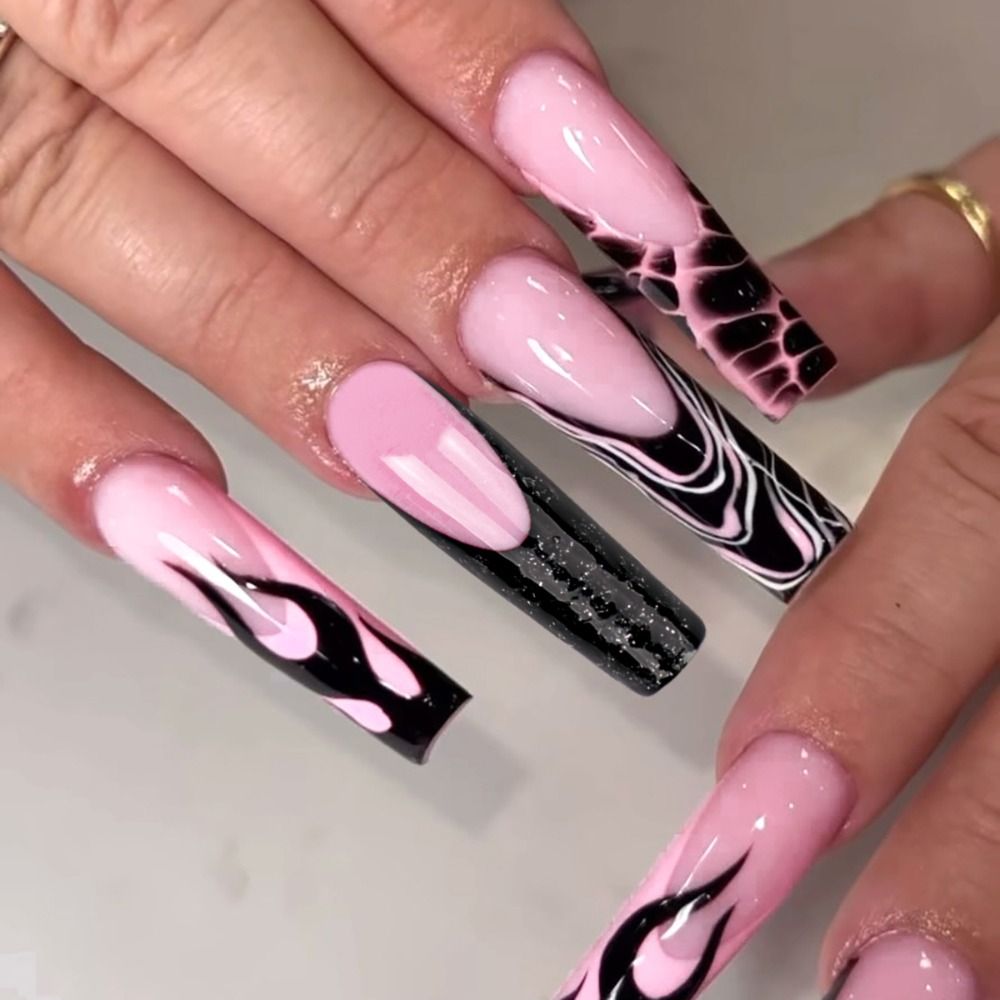 24pcs Manicure Long Almond Stiletto False Nails French Green Wavy Press on Nails Cool Rose Pearl Fake Nails DIY