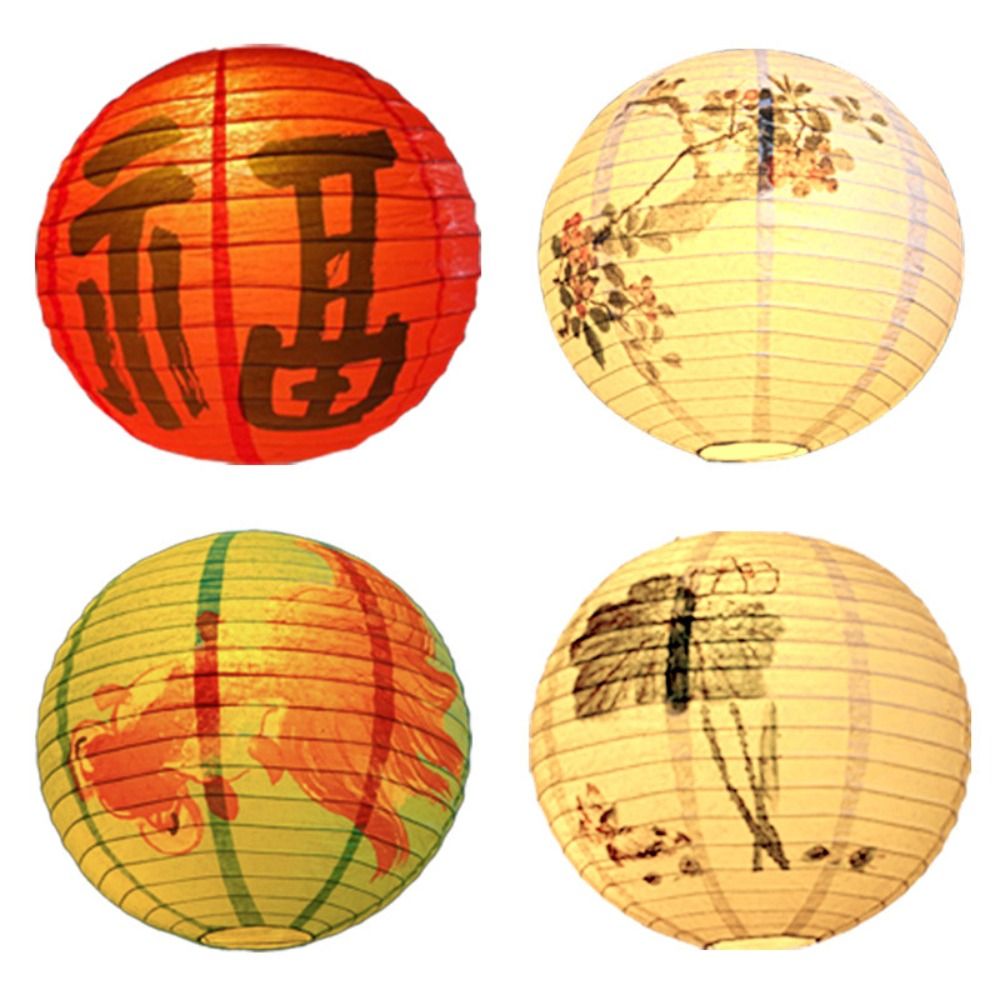 Classical Flower Letter Printed Festival Lantern Bamboo Paper Hanging Chinese Lantern 30cm Retro Paper Lantern Home Decoration
