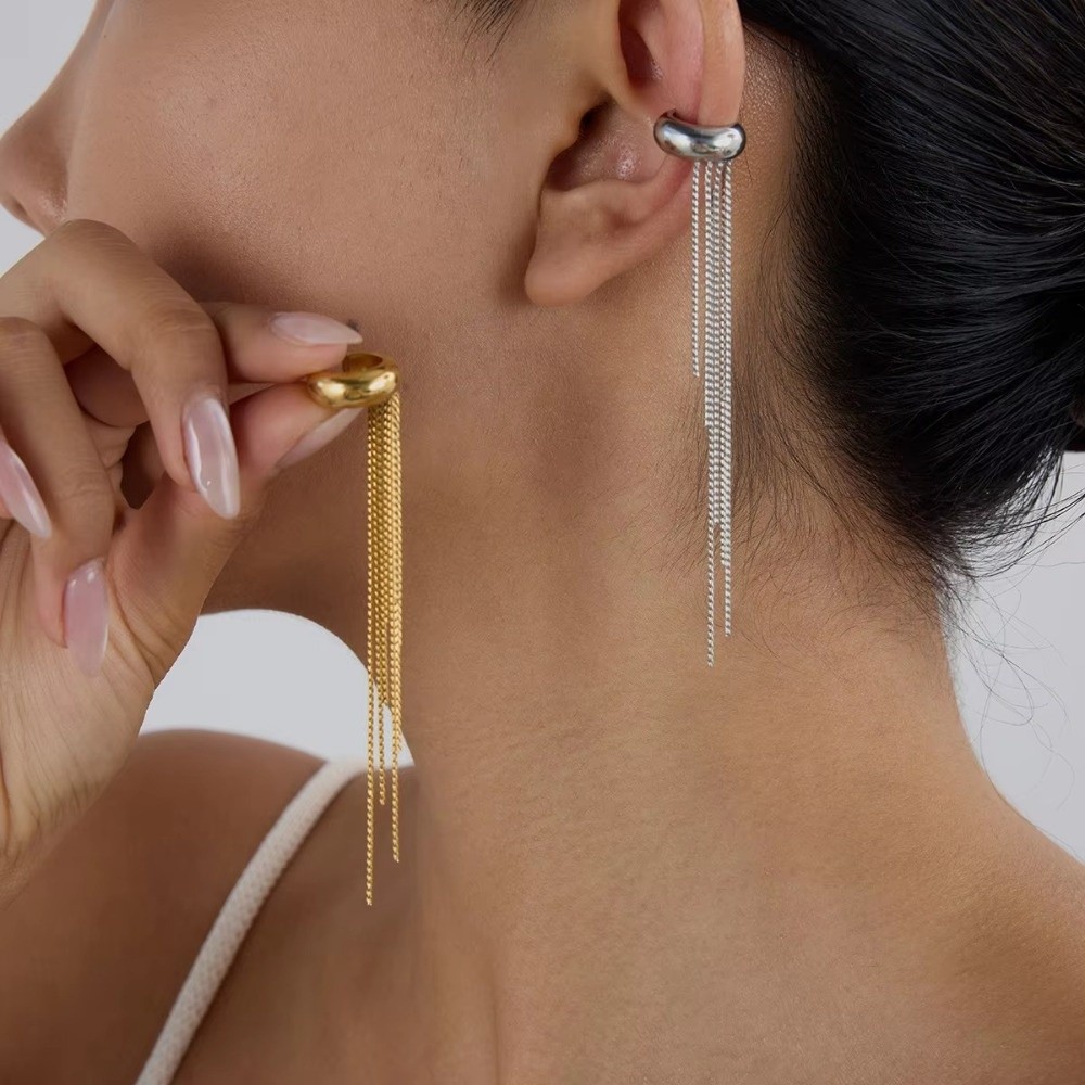 Luxury Long Chain Tassel Ear Cuff Stainless Steel Single Ear Clip Gold Color No Piercing Ear Wrap Charms Jewelry