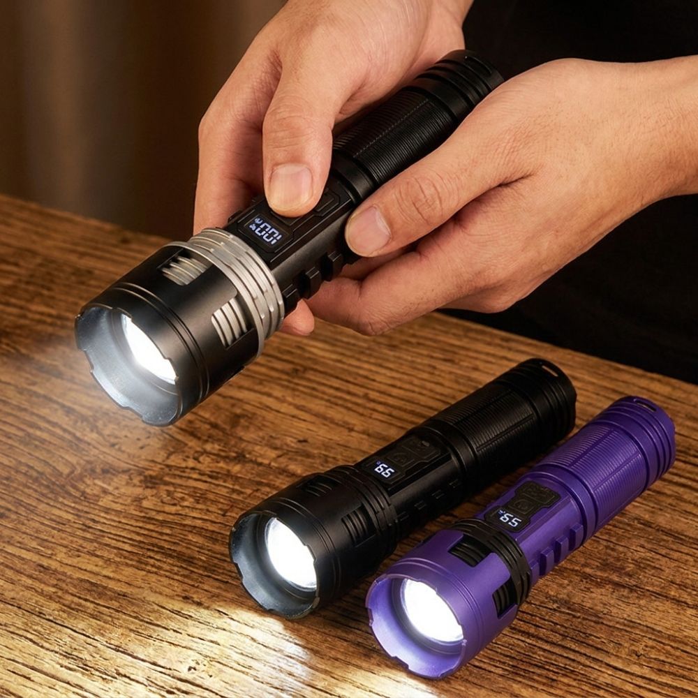 Multi Function Telescopic Zooming Strong Flashlight COB Flood Digital Power Display Camping Flashlight Long Lasting Runtime Waterproof Handheld Spotlight Emergency Use
