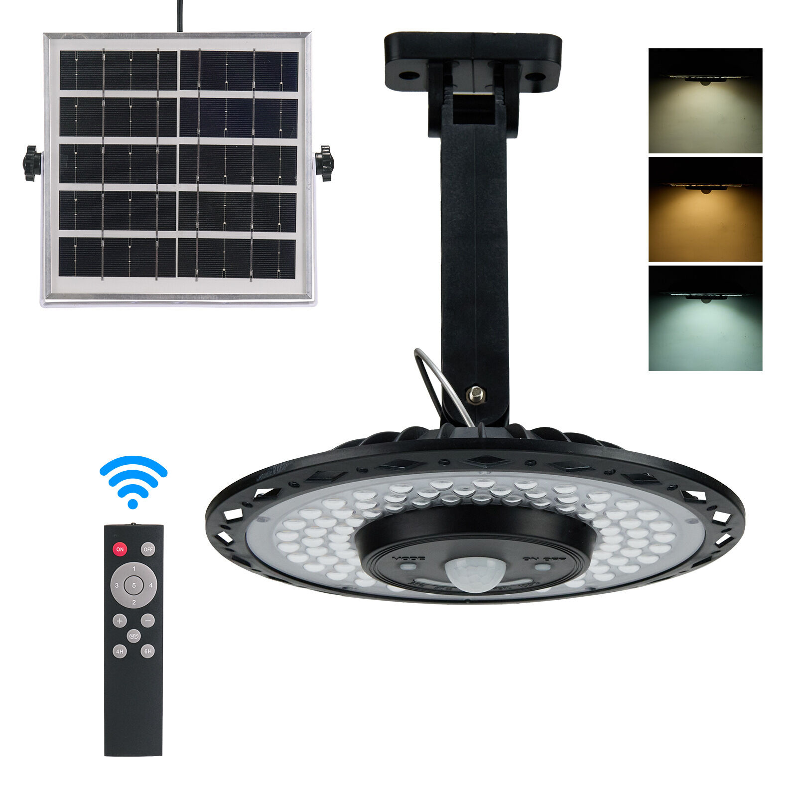 Solar Pendant Light Rotatable LED Shed Light PIR Motion Sensor Lamp IP65 Waterproof Support 3 Color Temperature/5 Light Modes/Adjustable Brightness/Timing Function with Remote Controller for Indoor & Outdoor Garden Patio Gazebo Garage Camping