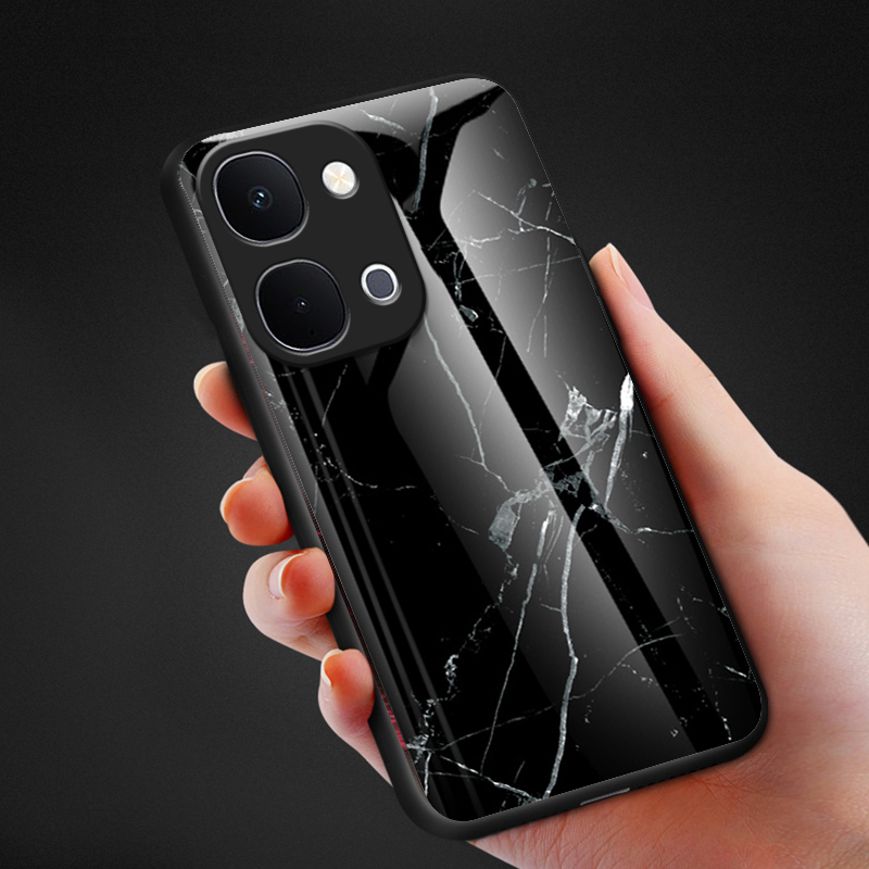 Biruiqu For VIVO V60 Fashion Marble Tempered Glass Back Case Cover