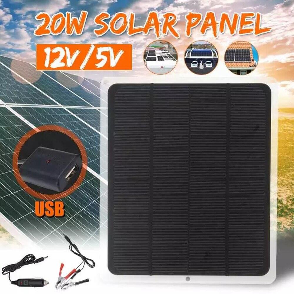 20W Monocrystalline Silicon Outdoor Camping Hiking U-SB Solar Panel Portable Solar Power Recharger Car Light Fan Recharging Tool Removable Solar Panels