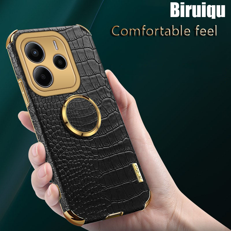 Biruiqu For Redmi Note 14 Cases Luxury Crocodile Leather Anti-drop Back Cover With Finger Ring Bracket